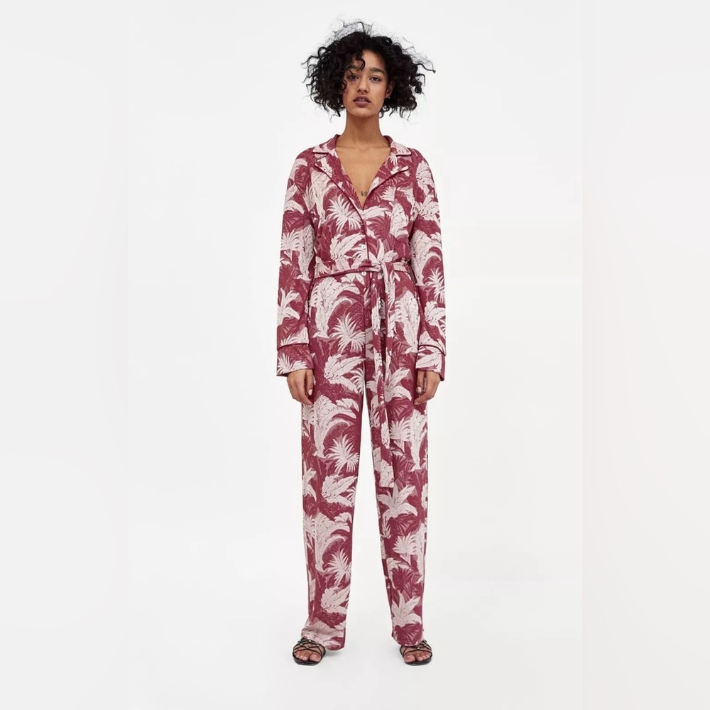Zara Floral Jacquard Jumpsuit Pink Red Long Sleeve Women's M